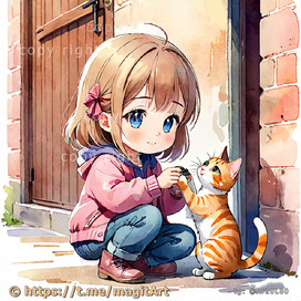 Девочка с котиком во дворе