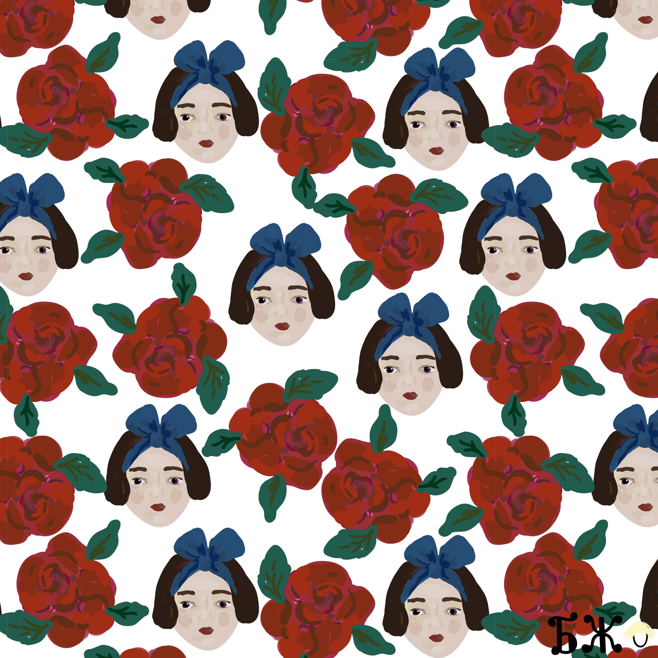 Иллюстрация Бесшовный паттерн с девочкой и розами в наивном стиле.