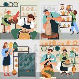 Pottery vector hand drawn set, people characters