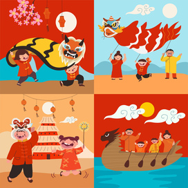 Chinese New Year, hand drone vector set, people characters