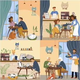 Cafe friendly animals, cat cafe, dog, cat, pet cafe, vector set
