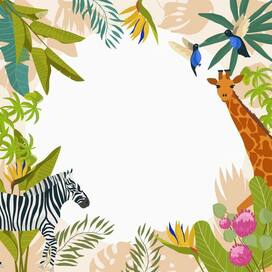 Exotic animals, plants, hand drawing, vector set, background, frame