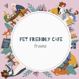Cat cafe, cafe frendly animals, dogs, cats, cafe, baristas, customers, vector, hand drawing, frame