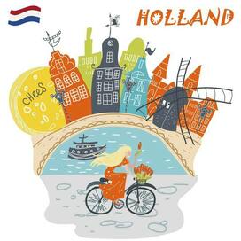 Amsterdam, Holland, houses, tulips, bridges, girl on bike, vector, hand drawing