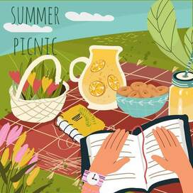 Picnic in nature, with animals, summer vacation, summer landscape, fruit, snack, camping, vacation mood square card, vector, hand drawn.