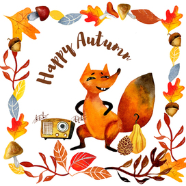 Watercolor fox, fall story, transistor, foliage.
