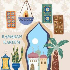 Ramadan Karim, Eid mubarak, greeting card and horizontal banner Islamic holiday background. Hand drawn vector illustration.