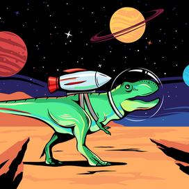 Динозавр астронавт, космос и планеты, комиксовая иллюстрация
