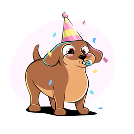 Собака такса в праздничном колпаке в конфетти, комиксовая иллюстрация