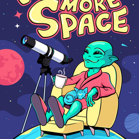Пришелец, инопланетянин отдыхает на планете, космос, комиксовая иллюстрация, плакат, постер