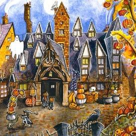 Деревня Хогсмид в период празднования Хеллоуина.Гарри Поттер