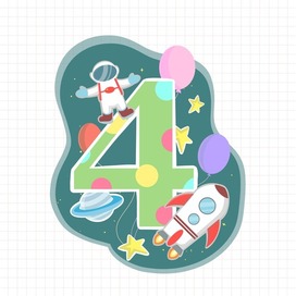 Green Happy Birthday number Four with Astronaut, Rocket and Saturn 