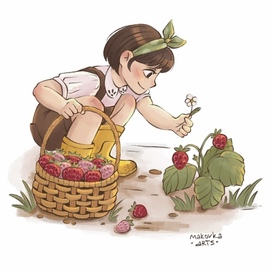 Девочка собирает клубнику