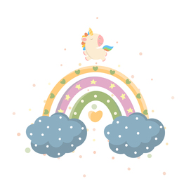 Cute minimalistic unicorn illustration with rainbows and clouds