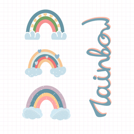 Set of multicolored minimalistic scandinavian rainbows with lettering