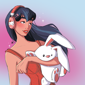 A girl in pink headphones holding a white plush bunny 🐰