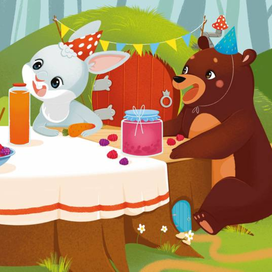 Иллюстрация лесная полянка со зверятами. Детская книга. Зайчик медвведь