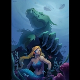 Иллюстрация русалка и подводное чудище