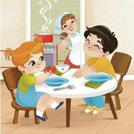 иллюстрация книжный разворот дети детский сад обед еда книга