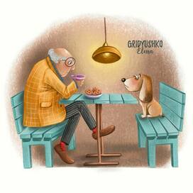 Дедушка и пес за столом в кафе