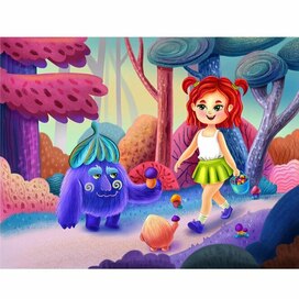 Девочка в волшебном лесу собирает грибы
