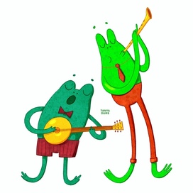 Лягушки музыканты. Детская иллюстрация.