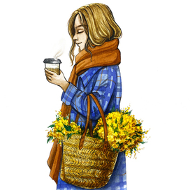 Иллюстрация девушка с кофе и мимозой весной