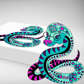Разработка новогодней упаковки в год змеи. Разработка персонажа змеи в этническом стиле в векторной технике