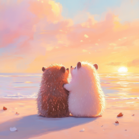 Открытка с ёжиками на закате