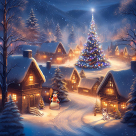 Заснеженная деревушка.Тихая ночь, домики с освещёнными окнами,в центре деревни нарядная ёлка. Небо усыпано звёздами и падающими снежинками.