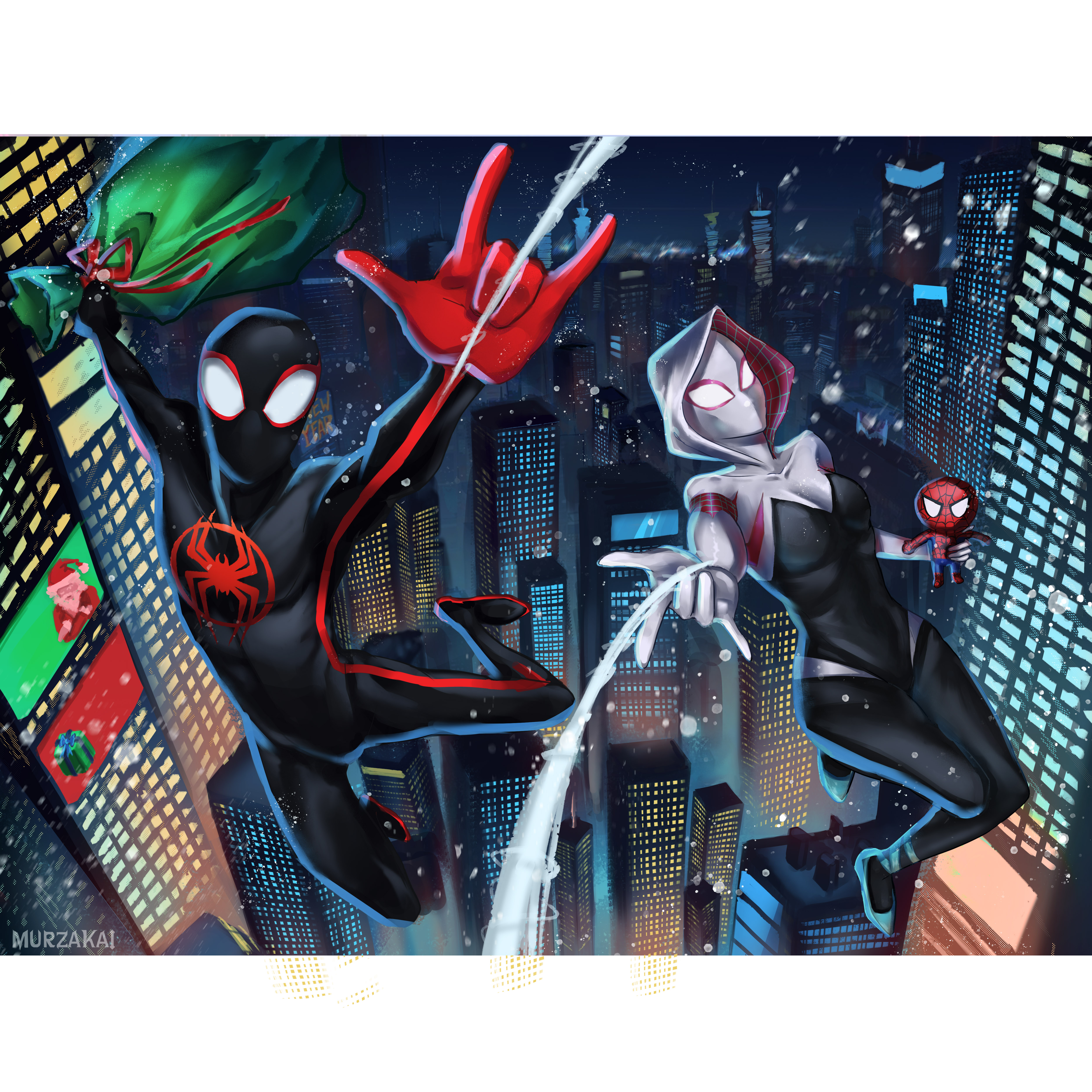 Новогодняя иллюстрация с Майлсом и Гвен