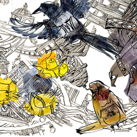 Канарейкино семейство. Фрагмент из комплексной иллюстрации к ПТИЧЬИМ сказкам Салтыкова-Щедрина