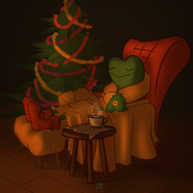 Новогодний лягушонок уснул возле камина