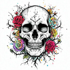 Тату череп с цветами красками