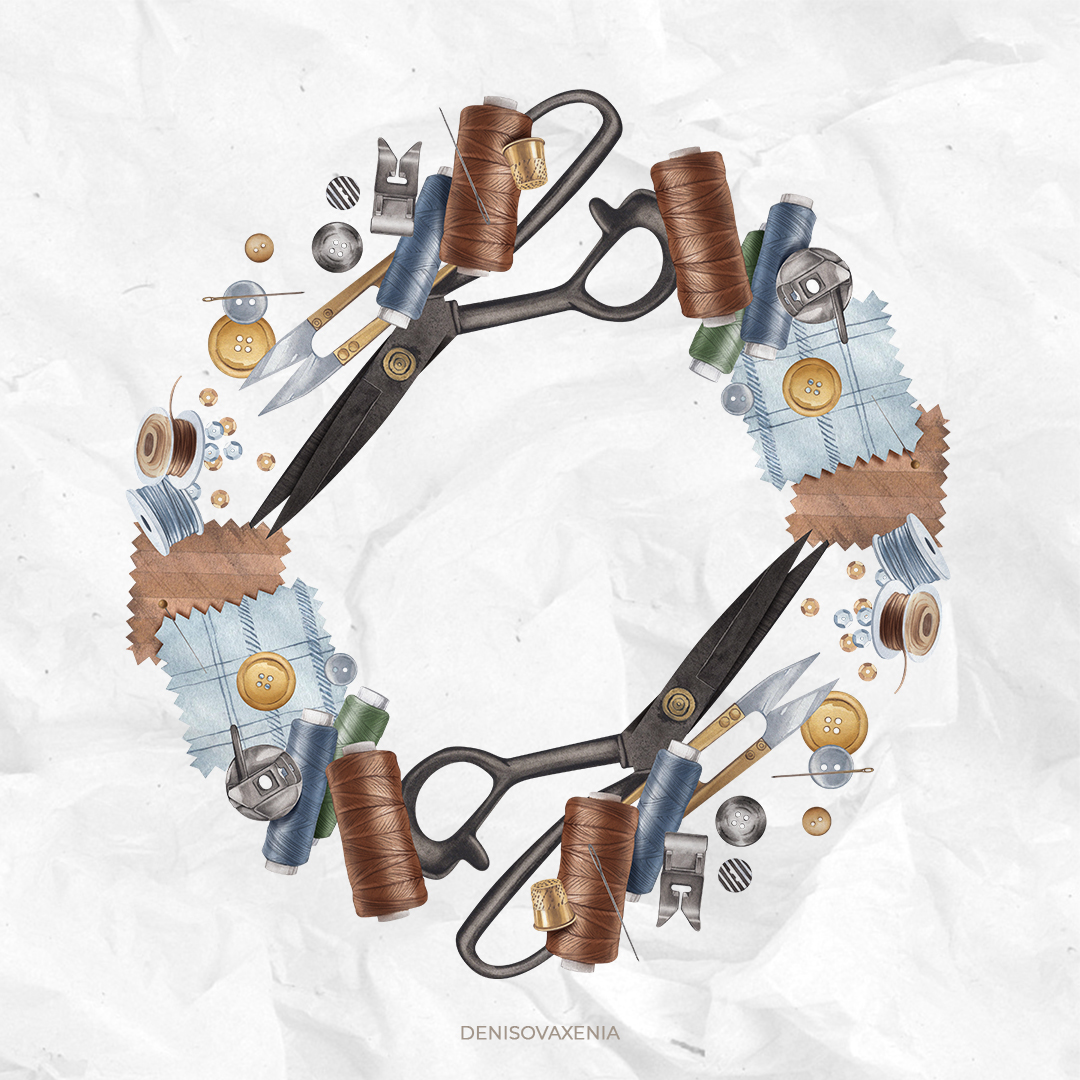 Инструменты швеи акварельная иллюстрация
