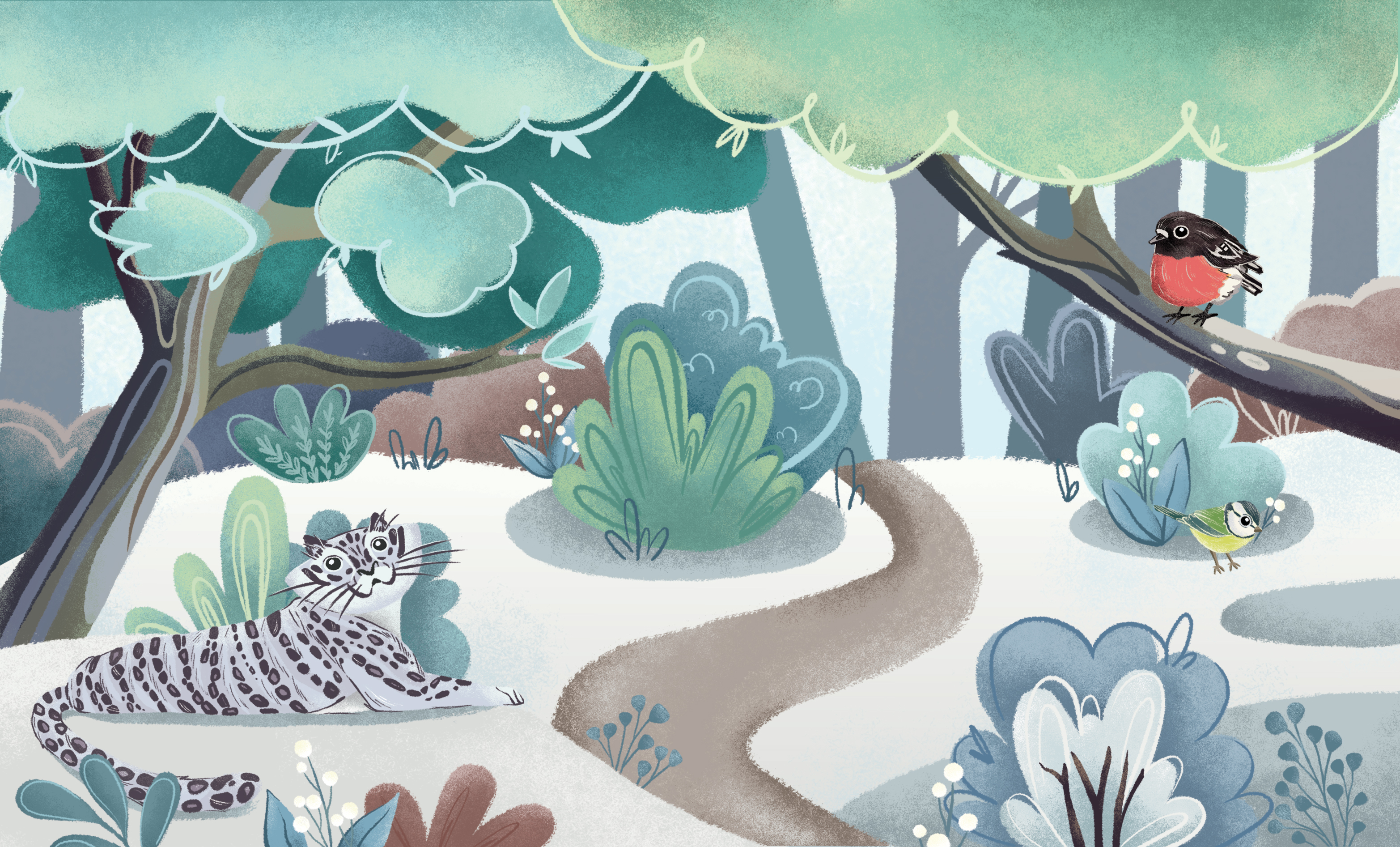 Ирбис в снежном лесу