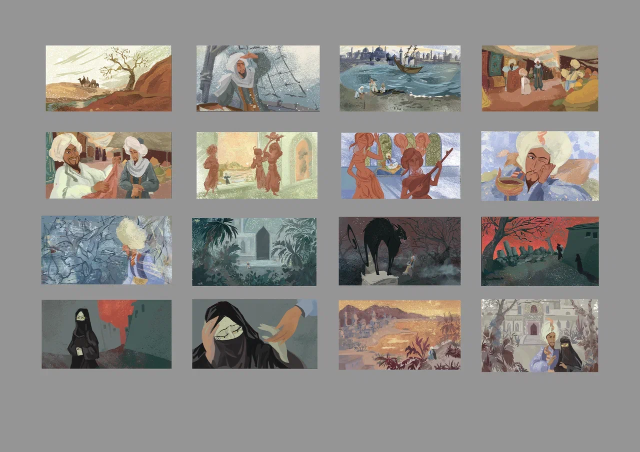 Цветовые поиски иллюстраций к сказке "Счастье Бахтияра"