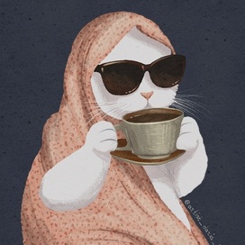 Кот в очках пьет чай