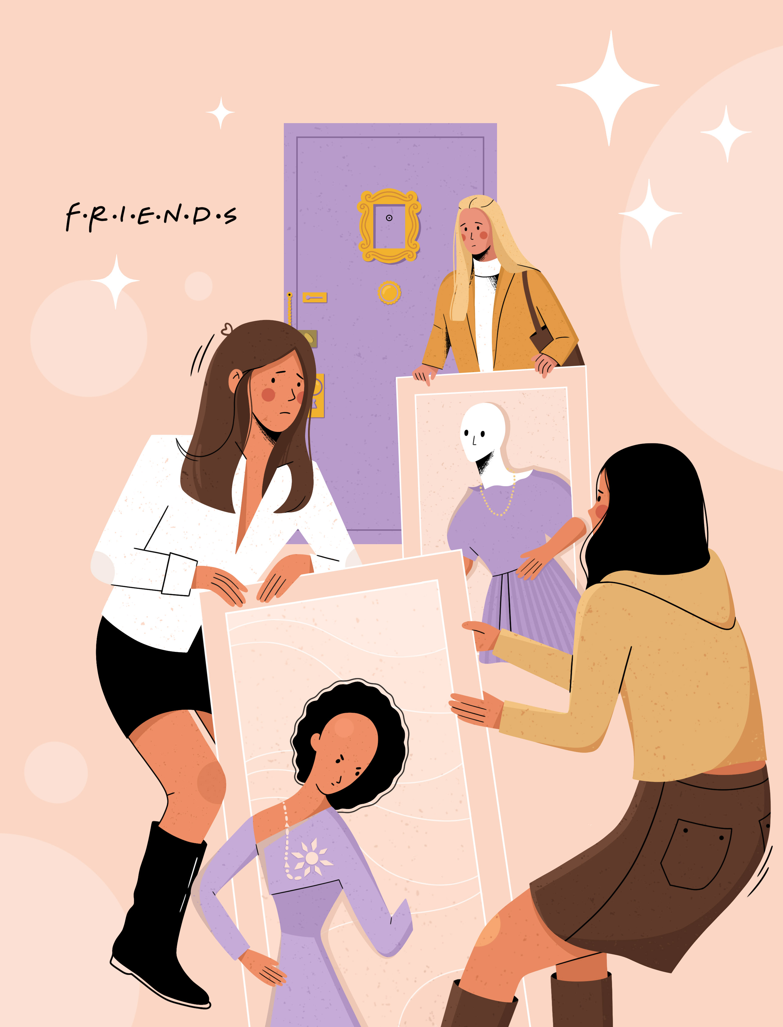 Иллюстрация сцены из сериала "Друзья" в стиле flat