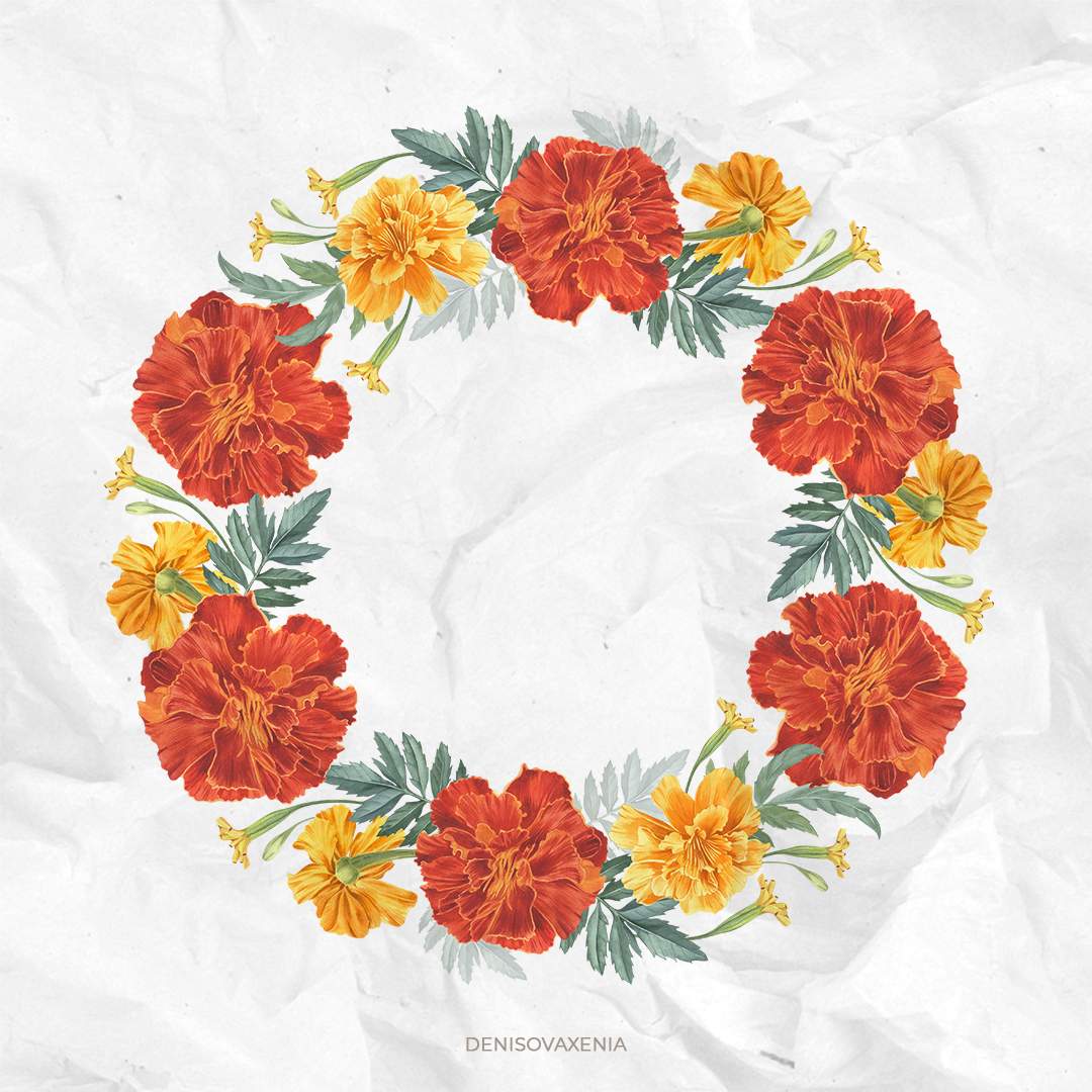 Бархатцы, венок из красных и желтых бутонов. Акварельная иллюстрация.