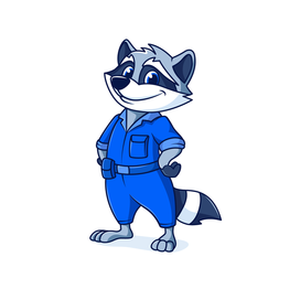 Енот в рабочем комбинезоне, персонаж для маскота, животное, веторная иллюстрация
