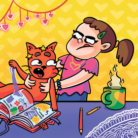 Открытка с котиком и девочкой для магазина Скрапбукинга