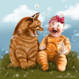 Счастливые маленькая девочка и кот пускают мыльные пузыри