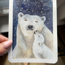 Белые медведи. Открытка акварелью