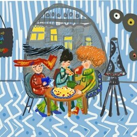 Три подружки вечерком ели пиццу с кофейком