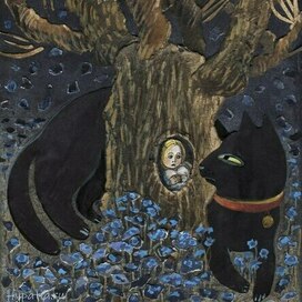 Картинка к моей сказке. Девочка сидит в дупле дерева, черный кот/кошка