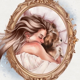 Спящая девушка с собакой в раме