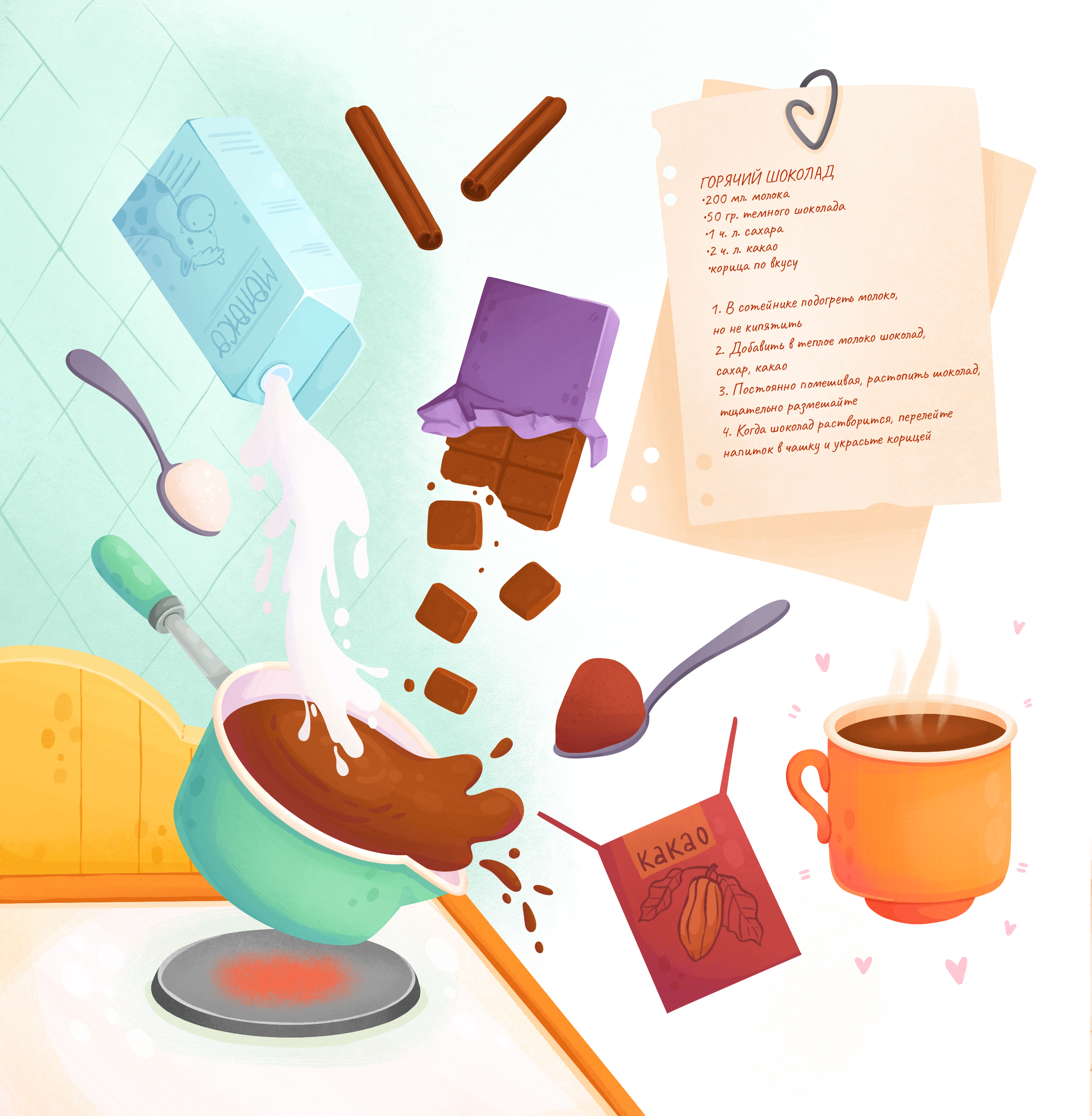 Книжная иллюстрация. Рецепт горячего шоколада