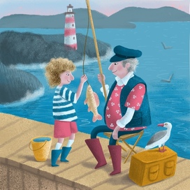 Дедуля с внуком на рыбалке