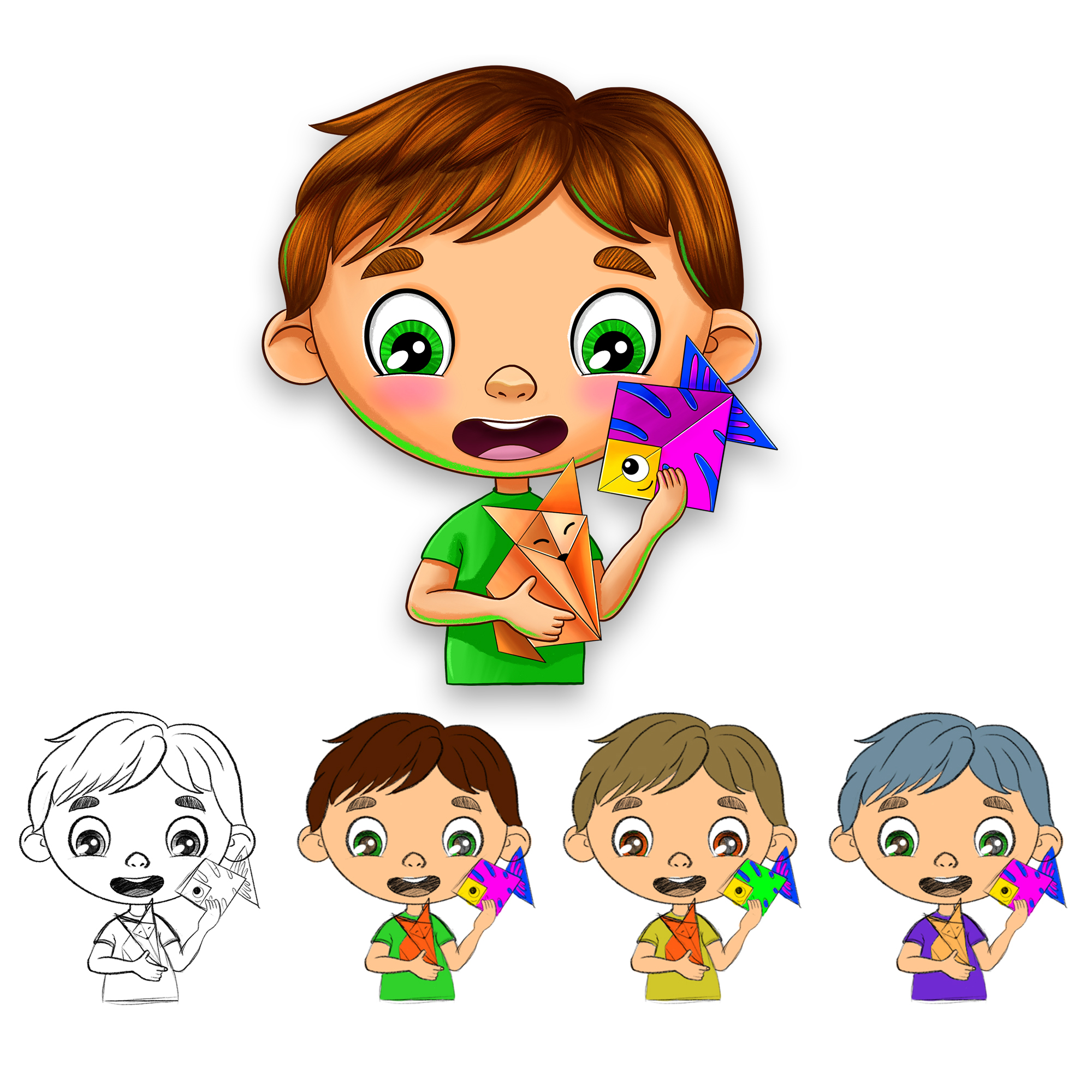 Мальчик персонаж для упаковки создания оригами для детей